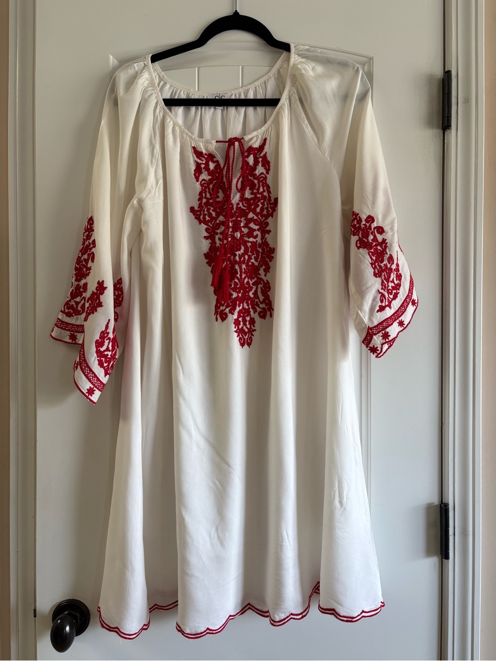 White Peasant Tunic with Red Embroidery - Women's Top